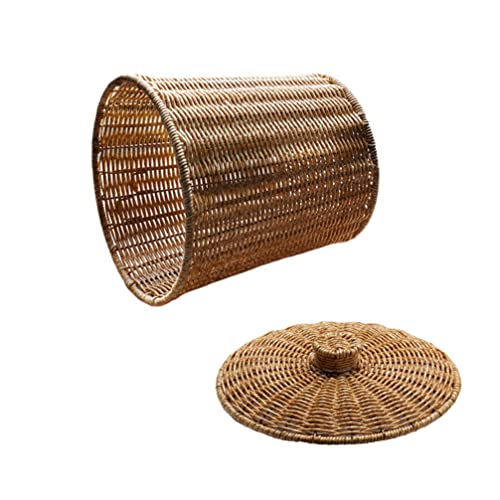 HEMOTON Waste Basket with Lid Rattan Basket Wicker Trash Can Round Trash Bin Wicker Basket Woven Storage Basket for Bedroom, Bathroom, Offices or Laundry