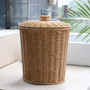 HEMOTON Waste Basket with Lid Rattan Basket Wicker Trash Can Round Trash Bin Wicker Basket Woven Storage Basket for Bedroom, Bathroom, Offices or Laundry