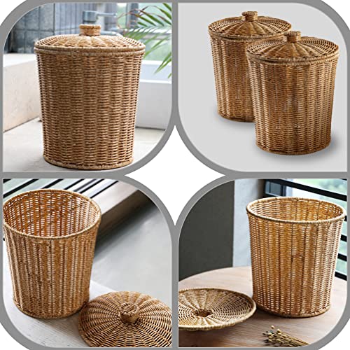 HEMOTON Waste Basket with Lid Rattan Basket Wicker Trash Can Round Trash Bin Wicker Basket Woven Storage Basket for Bedroom, Bathroom, Offices or Laundry