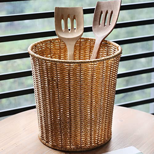 HEMOTON Waste Basket with Lid Rattan Basket Wicker Trash Can Round Trash Bin Wicker Basket Woven Storage Basket for Bedroom, Bathroom, Offices or Laundry