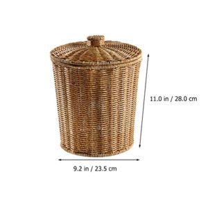 HEMOTON Waste Basket with Lid Rattan Basket Wicker Trash Can Round Trash Bin Wicker Basket Woven Storage Basket for Bedroom, Bathroom, Offices or Laundry