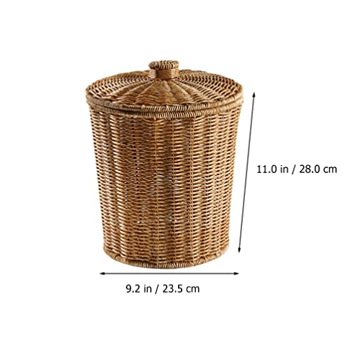 HEMOTON Waste Basket with Lid Rattan Basket Wicker Trash Can Round Trash Bin Wicker Basket Woven Storage Basket for Bedroom, Bathroom, Offices or Laundry