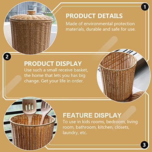 HEMOTON Waste Basket with Lid Rattan Basket Wicker Trash Can Round Trash Bin Wicker Basket Woven Storage Basket for Bedroom, Bathroom, Offices or Laundry