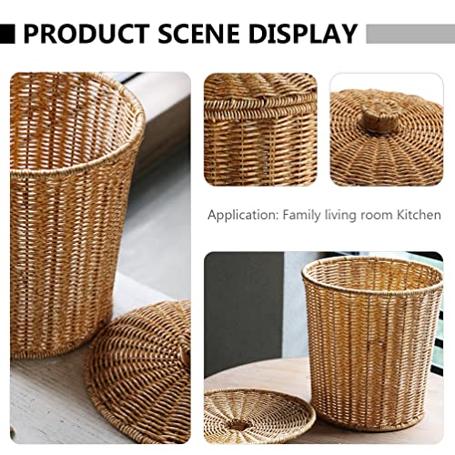 HEMOTON Waste Basket with Lid Rattan Basket Wicker Trash Can Round Trash Bin Wicker Basket Woven Storage Basket for Bedroom, Bathroom, Offices or Laundry