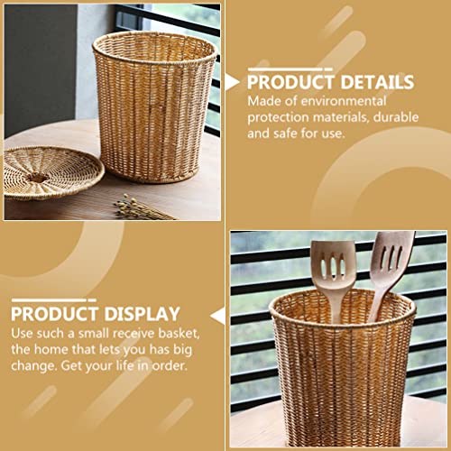 HEMOTON Waste Basket with Lid Rattan Basket Wicker Trash Can Round Trash Bin Wicker Basket Woven Storage Basket for Bedroom, Bathroom, Offices or Laundry