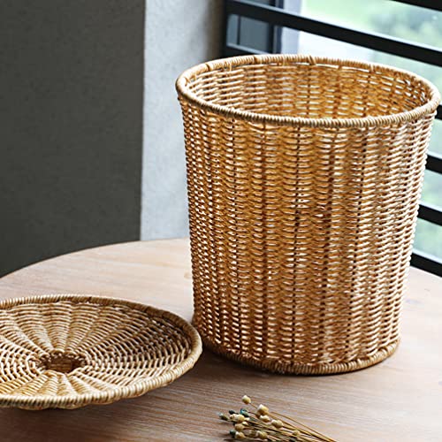 HEMOTON Waste Basket with Lid Rattan Basket Wicker Trash Can Round Trash Bin Wicker Basket Woven Storage Basket for Bedroom, Bathroom, Offices or Laundry