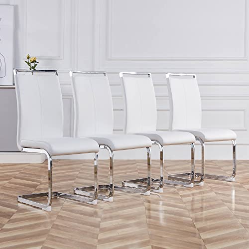 RDUEEI Dining Chairs Set of 4, Dining Room Chairs Set of 4 with Faux Leather Padded Seat High Back and Sturdy Chrome Legs, Chairs for Dining Room, Sillas De Comedor (White,Set of 4)