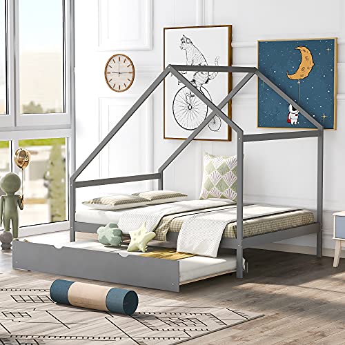 MERITLINE Full House Bed with Trundle, Wooden House Bed Frame with Roof, Full Platform Bed, House Daybed Frame for Toddler,Kids, Teen (Full, Gray)