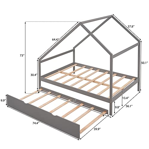 MERITLINE Full House Bed with Trundle, Wooden House Bed Frame with Roof, Full Platform Bed, House Daybed Frame for Toddler,Kids, Teen (Full, Gray)