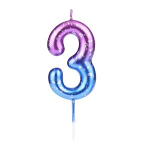 savita 2.37 inch numeral birthday candle, number candle purple to blue gradient color glitter cake topper for birthday party anniversary wedding (number 3)