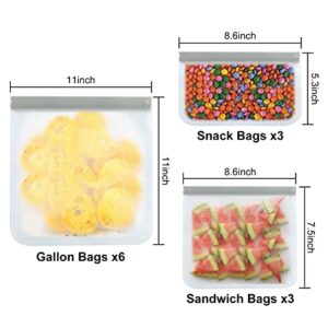 Silicone Freezer Bags Reusable Food Storage Bags BPA Free Food Storage Bags with Freezer Sets include 6 Reusable Gallon Bags Freezer,3 Sandwich Bags Reusable and 3 Snack Bags for Storage Food