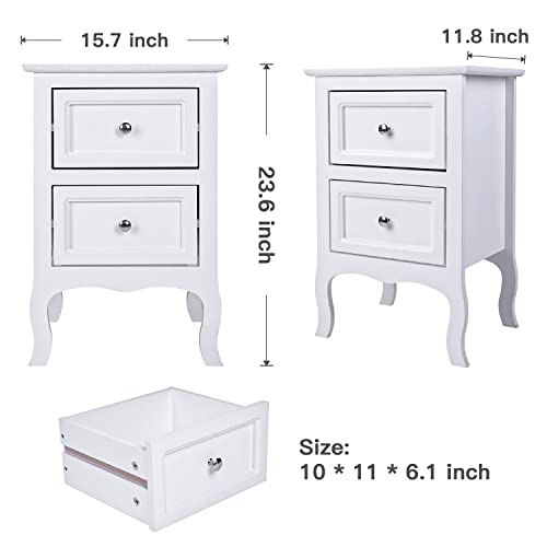 VERYKE White Nightstand Set of 2 with 2 Drawers Small Bed Side Cabinet Storage with Metal Handle Farmhouse Night Stands for Small Spaces,Living Room,Bedroom