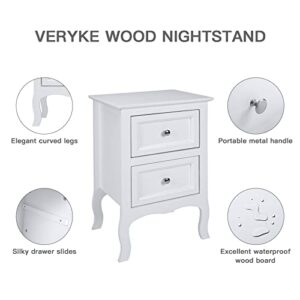 VERYKE White Nightstand Set of 2 with 2 Drawers Small Bed Side Cabinet Storage with Metal Handle Farmhouse Night Stands for Small Spaces,Living Room,Bedroom