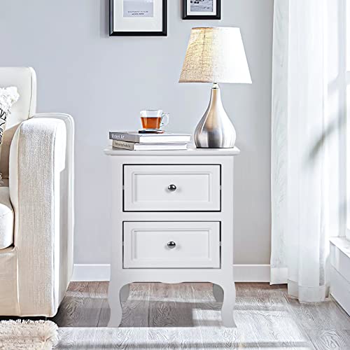 VERYKE White Nightstand Set of 2 with 2 Drawers Small Bed Side Cabinet Storage with Metal Handle Farmhouse Night Stands for Small Spaces,Living Room,Bedroom