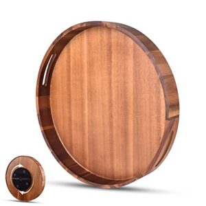 Lazy Susan Wooden Round Tray with Built-in Handles, Farmhouse Wood Serving Tray with Rotating System, Multifunctional Organizer Tray for Home Decorations Bath Vanity Tray Kitchen Counter Ottoman Tray