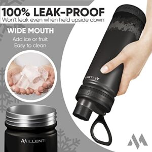 Millenti Gym Water-Bottle Black Spout-Cap - 26oz Vacuum Insulated, Stainless Steel, Double Walled, Thermos Flask Bottles (Serenity Black) WB0626B