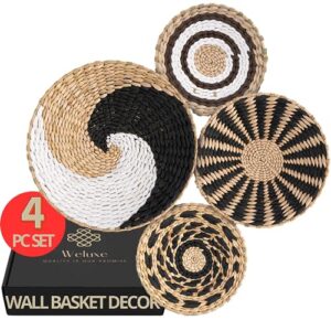 wicker wall basket decor set of 4 - black, brown & white - woven boho macrame wall hanging - hook attached for easy hanging - wall hanging decor for farmhouse style