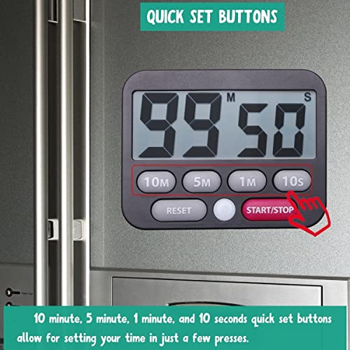 Searon Digital Countdown Kitchen Timer, 3.3" LCD Display, Quick Setting, Alarm On/Off LED Flashing Alarm, Magnets and Stand for Cooking Classroom Kids Homework Fitness