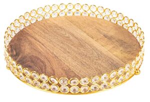 wooden round serving tray for living room,decorative coffee table tray,round wood tray for ottoman or side table, charcuterie board or cheese platter, wooden metal tray 12" dia with golden natural