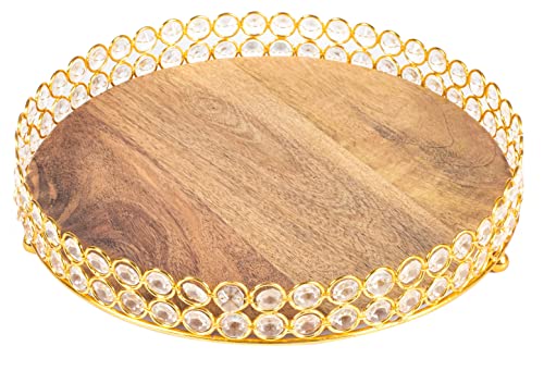 Wooden Round Serving Tray for Living Room,Decorative Coffee Table Tray,Round Wood Tray for Ottoman or Side Table, Charcuterie Board or Cheese Platter, Wooden Metal Tray 12" Dia with Golden Natural