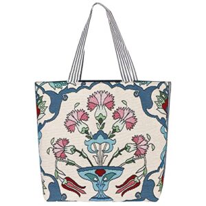aflngle tote bag for women casual canvas handbags beach totes large capacity grocery shopping bag floral embroidered fashion tote bags, travelling shoulder bags with zipper boho daily bag