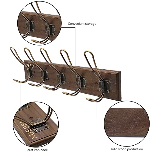 XUEBEI Rustic Wall Mounted Coat Rack Shelf-Brown Wooden Country Style 16" with 5 Rustic Hooks-Solid Wood Forkitchen,Bedroom Hanging Clothes,Hats,Purse, Keys (C-Bronze Hook)