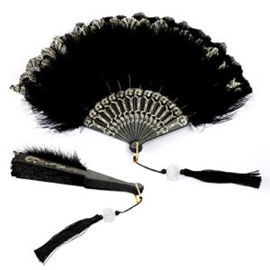 prebafo foldable feather fan handheld chinese vintage style hand held folding fans for party wedding dancing decoration