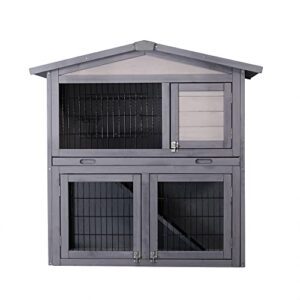 HHOK Rabbit Hutch Indoor Rabbit Cage Outdoor Guinea Pig Cage on Wheels, Bunny Cage with Pull Out Tray,Waterproof Roof Wooden Outdoor Rabbit Hutch Ferrets with Running Cage Removable Tray Ramp 2 Story