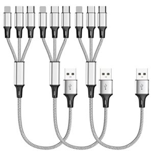 multi charging cable, (3pack 1ft) short multi usb charger cable aluminum braided 3 in 1 universal multiple charging cord with type-c/micro usb connectors for cell phones tablets (charging only)
