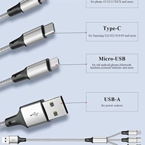 Multi Charging Cable, (3Pack 1FT) Short Multi USB Charger Cable Aluminum Braided 3 in 1 Universal Multiple Charging Cord with Type-C/Micro USB Connectors for Cell Phones Tablets (Charging Only)