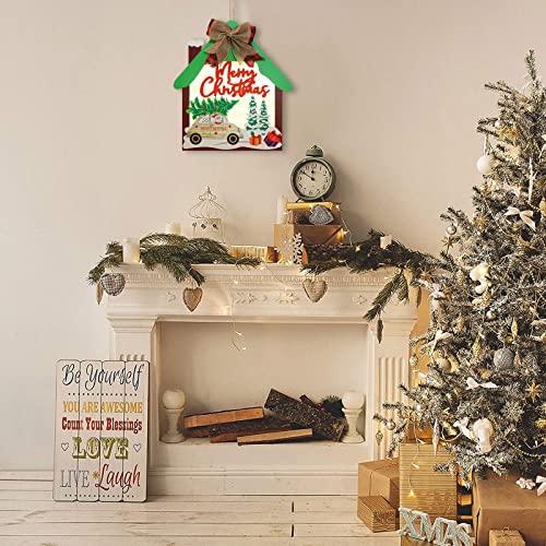 KIMOBER Lighted Merry Christmas Hanging Sign,Battery Operated Rustic Wooden Cabin Hanging Xmas Sign for Front Door Outdoor Indoor Decorations