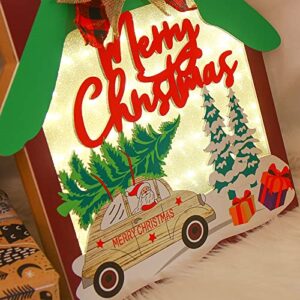 KIMOBER Lighted Merry Christmas Hanging Sign,Battery Operated Rustic Wooden Cabin Hanging Xmas Sign for Front Door Outdoor Indoor Decorations