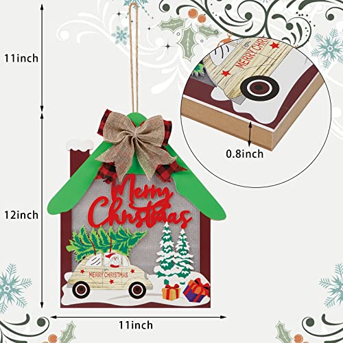 KIMOBER Lighted Merry Christmas Hanging Sign,Battery Operated Rustic Wooden Cabin Hanging Xmas Sign for Front Door Outdoor Indoor Decorations