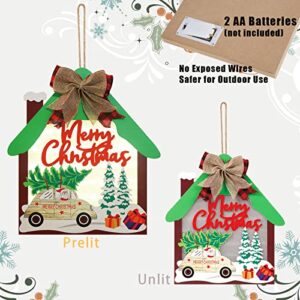 KIMOBER Lighted Merry Christmas Hanging Sign,Battery Operated Rustic Wooden Cabin Hanging Xmas Sign for Front Door Outdoor Indoor Decorations