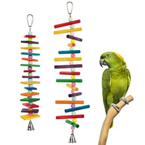 mewtogo 2pcs bird toys, parrots toys with bells and plastic beads, colourful natural wooden blocks in 2 shapes for cockatoos cockatiel african grey macaws and amazon parrots