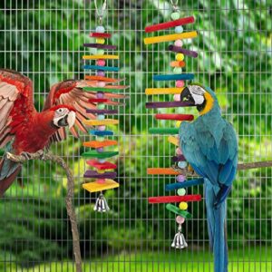 MEWTOGO 2Pcs Bird Toys, Parrots Toys with Bells and Plastic Beads, Colourful Natural Wooden Blocks in 2 Shapes for Cockatoos Cockatiel African Grey Macaws and Amazon Parrots