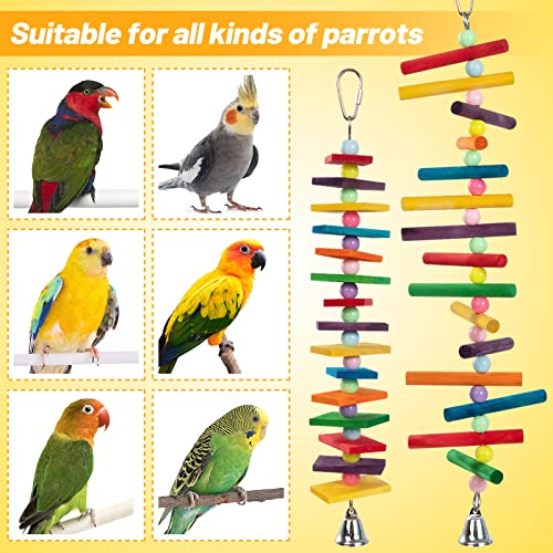 MEWTOGO 2Pcs Bird Toys, Parrots Toys with Bells and Plastic Beads, Colourful Natural Wooden Blocks in 2 Shapes for Cockatoos Cockatiel African Grey Macaws and Amazon Parrots