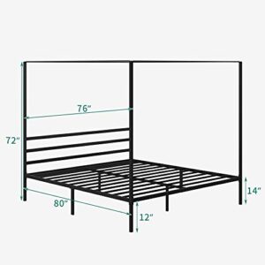 YITAHOME Metal Four Poster Canopy Bed Frame 14 Inch Platform with Built-in Headboard Strong Metal Slat Mattress Support, No Box Spring Needed, Black, King Size