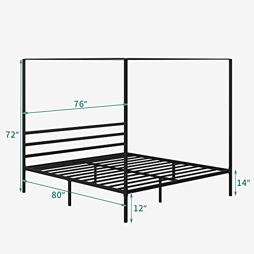 YITAHOME Metal Four Poster Canopy Bed Frame 14 Inch Platform with Built-in Headboard Strong Metal Slat Mattress Support, No Box Spring Needed, Black, King Size