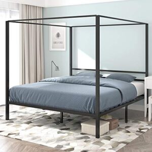 YITAHOME Metal Four Poster Canopy Bed Frame 14 Inch Platform with Built-in Headboard Strong Metal Slat Mattress Support, No Box Spring Needed, Black, King Size
