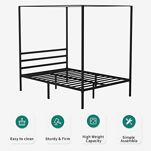 YITAHOME Metal Four Poster Canopy Bed Frame 14 Inch Platform with Built-in Headboard Strong Metal Slat Mattress Support, No Box Spring Needed, Black, King Size