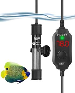 aquamiracle adjustable 50w aquarium heater submersible fish tank heater super short aquarium heater with led digital display thermostat, for tanks 5-10 gallons
