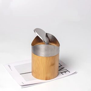 Bamboo Tabletop Trash Can with Lid, Small, Trash Can, Dust Box, Compact, Stylish, Stainless Steel, Bamboo, Natural