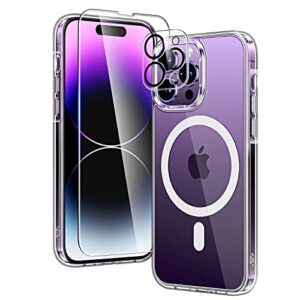 tauri 【5 in 1 magnetic case for iphone 14 pro max [military grade drop test] with 2x screen protector +2x camera lens protector, transparent slim fit designed for magsafe case-clear