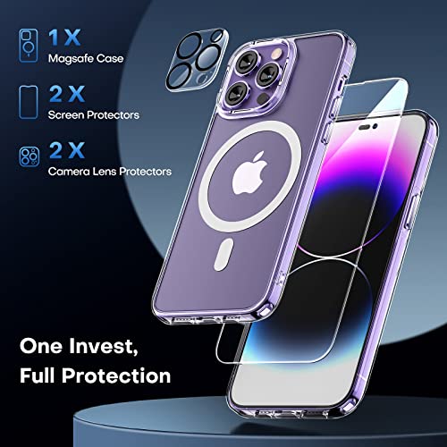 TAURI 【5 in 1 Magnetic Case for iPhone 14 Pro Max [Military Grade Drop Test] with 2X Screen Protector +2X Camera Lens Protector, Transparent Slim Fit Designed for Magsafe Case-Clear