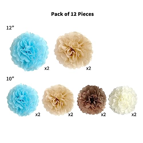 ANSOMO Blue and Tan Brown Tissue Paper Pom Poms Party Decorations Flowers Wall Hanging Bear Baby Shower Boy Khaki Décor 1st Birthday Supplies 12Pcs