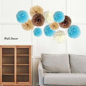 ANSOMO Blue and Tan Brown Tissue Paper Pom Poms Party Decorations Flowers Wall Hanging Bear Baby Shower Boy Khaki Décor 1st Birthday Supplies 12Pcs