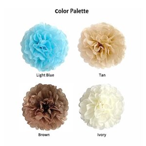 ANSOMO Blue and Tan Brown Tissue Paper Pom Poms Party Decorations Flowers Wall Hanging Bear Baby Shower Boy Khaki Décor 1st Birthday Supplies 12Pcs