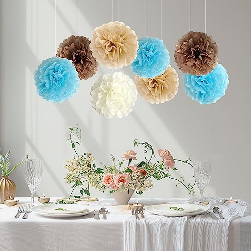 ANSOMO Blue and Tan Brown Tissue Paper Pom Poms Party Decorations Flowers Wall Hanging Bear Baby Shower Boy Khaki Décor 1st Birthday Supplies 12Pcs