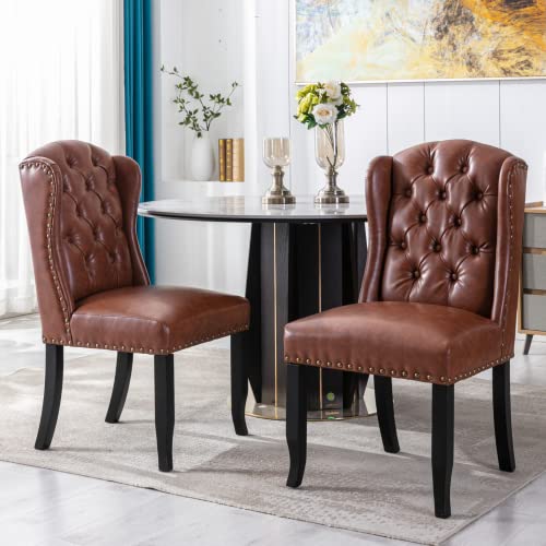 LukeAlon Classic PU Leather Dining Chairs Set of 2, Upholstered Button Tufted Dining Room Side Chairs with Solid Wood Legs Elegant High Back Dinner Chair with Nailhead Trim for Home Kitchen, Brown